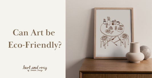 A framed artwork learning against a wall, with the words Can Art be Eco-Friendly overlying it