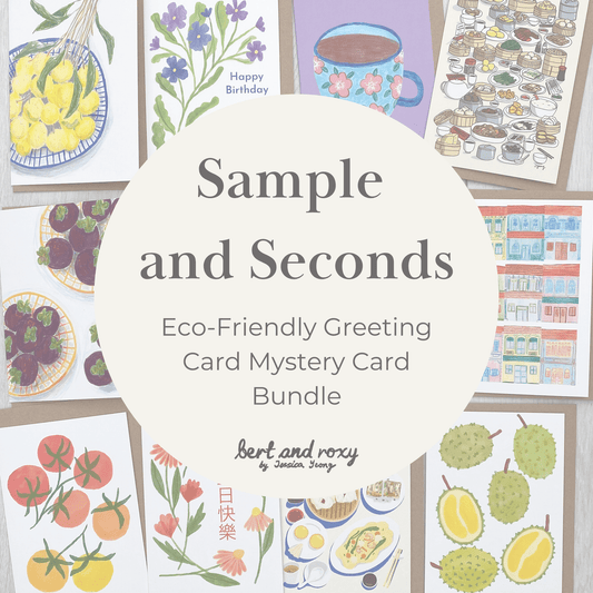 Different designs of eco friendly cards with an text overlay reading 'Sample and Seconds, eco friendly greeting card mystery bundle'