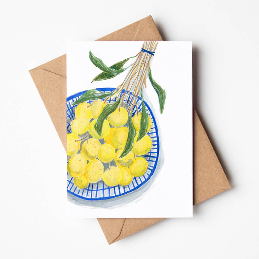 An illustrated eco-friendly card featuring fresh longan fruit in a blue basket