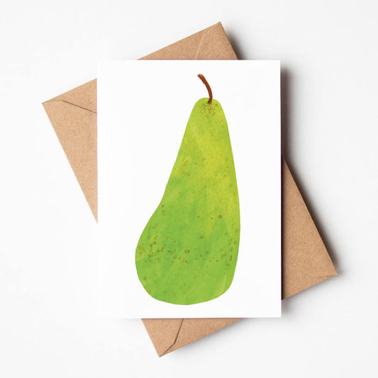 A eco friendly card featuring a illustrated english pear on a white background. The card is atop a brown envelope