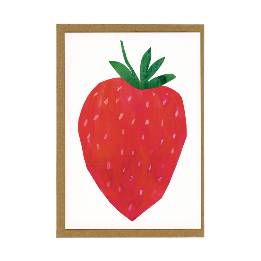 A eco friendly greeting card featuring a papercut strawberry on a white background. The A6 card is displayed on a brown paper envelope. 
