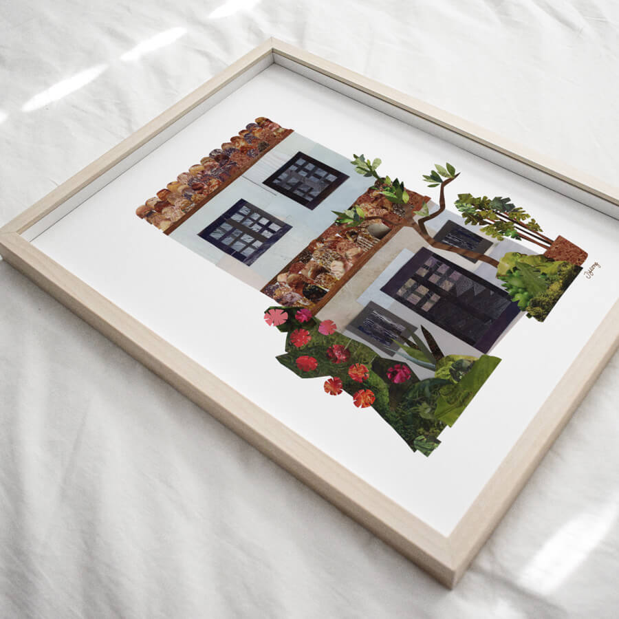 A framed art print of a Malaysian heritage shophouse found in Melaka. Made from paper collage.
