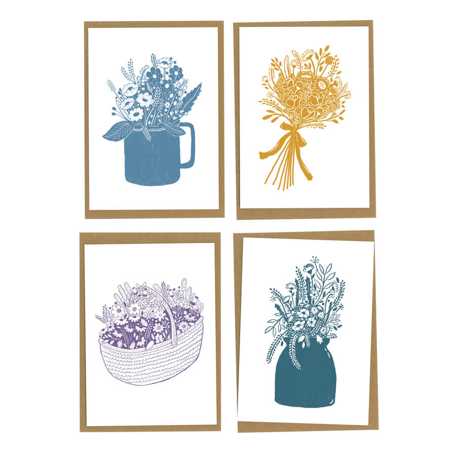 A card set of 4 different single coloured cards featuring bunches of flowers in vessels. Printed on eco friendly card with recycled brown paper envelopes