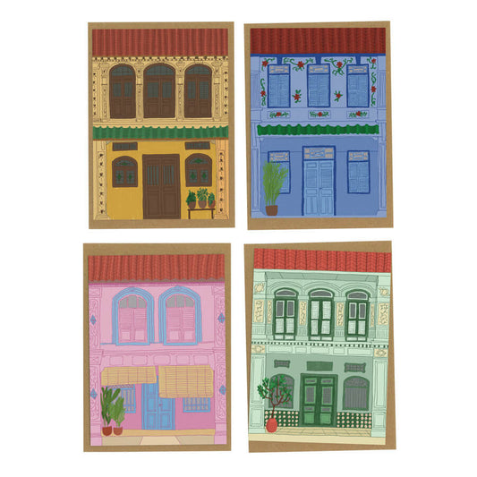 A selection of four different eco friendly greeting cards with illustrated malaysian heritage shophouses in different colour