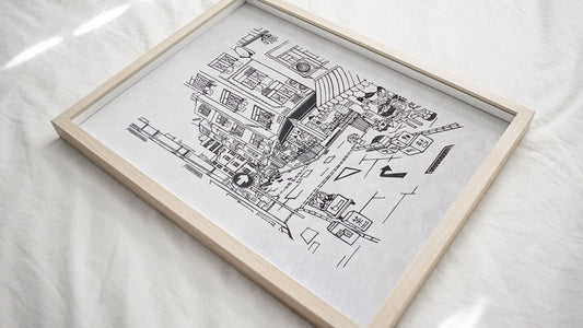A framed linocut print with a guide offering tips on how to buy linocut prints