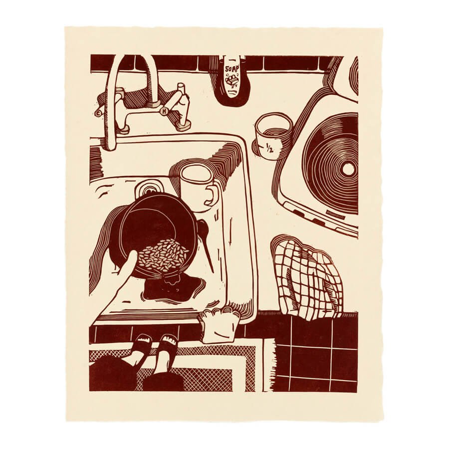 A limited edition linocut print inspired by the everyday ritual of washing rice. Printed in brown ink on awagami Kitakata paper