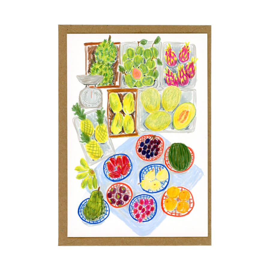 An eco friendly illustrated card featuring exotic fruits like durian, dragon fruit, jackfruit, mangosteens and papaya. Made using eco friendly and sustainable materials.
