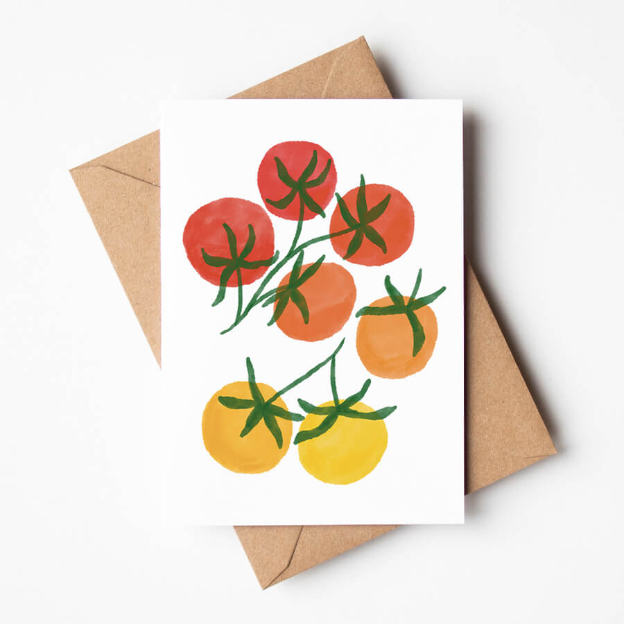 An illustrated greeting card made from eco friendly materials featuring a summer garden harvest of tomatoes
