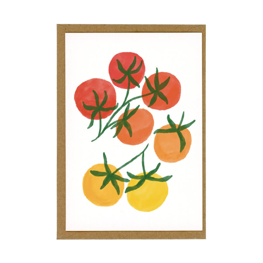 A illustrated red, yellow and oranges tomatoes card made from sustainable materials