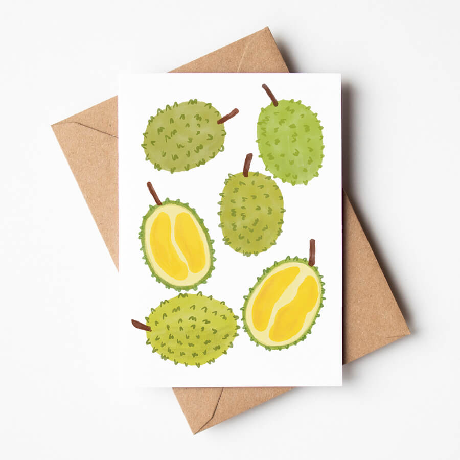 Lots of durian fruit illustrated card printed on eco friendly materials by Bert and Roxy