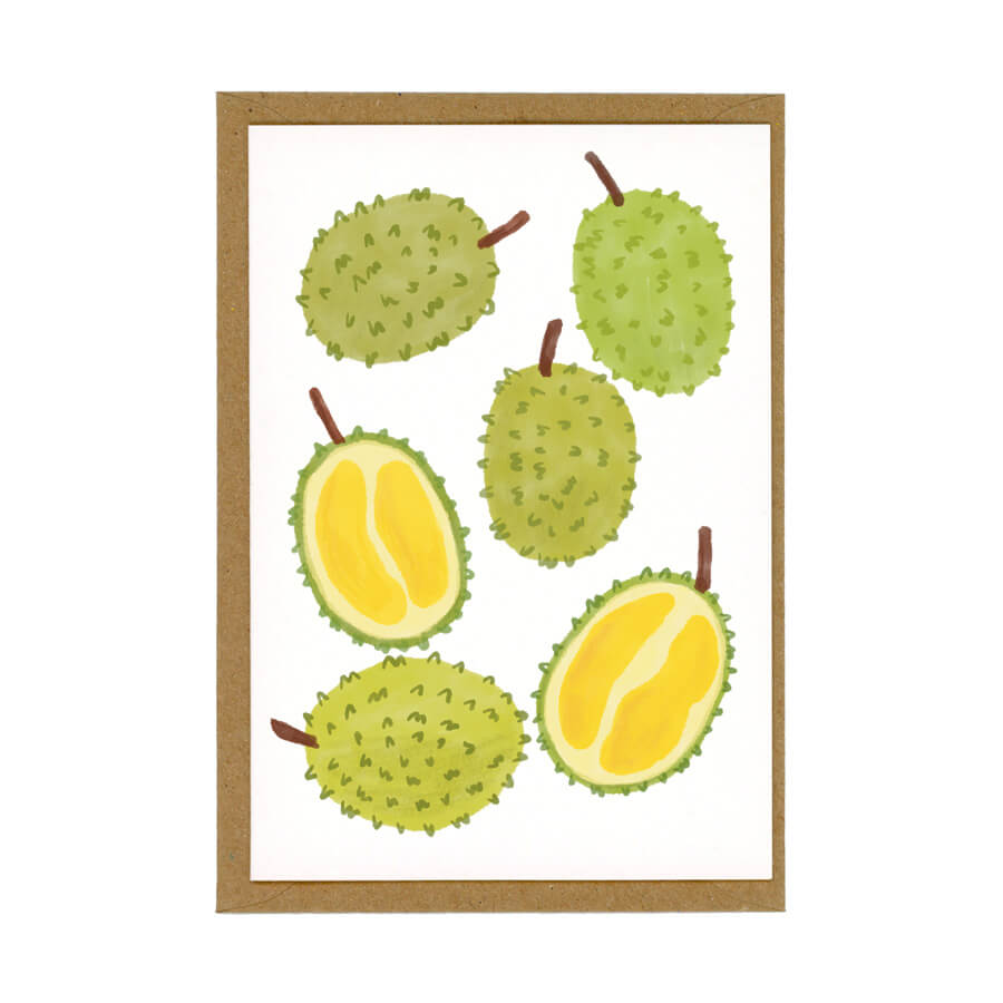 A greeting card with brown envelope. The card shows a design of lots of illustrated durian fruit.