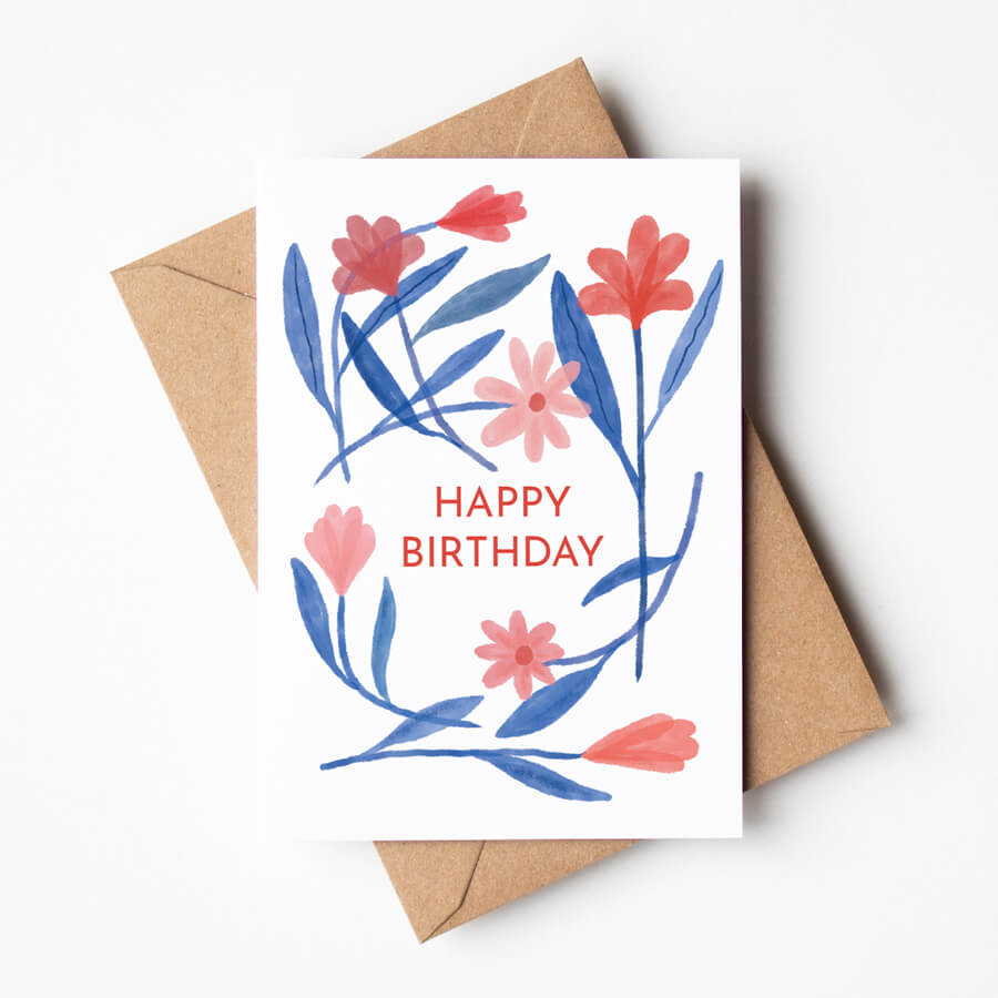 Illustrated red and blue flowers eco friendly happy birthday greeting card by Bert and Roxy