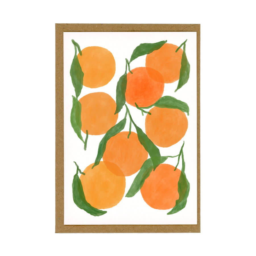 An sustainably made card featuring a playful illustration of fresh summer oranges