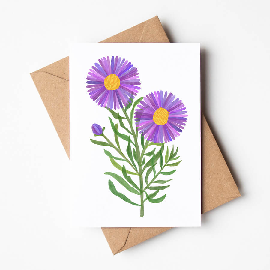 A illustrated eco-friendly card featuring purple aster flowers by Bert and Roxy