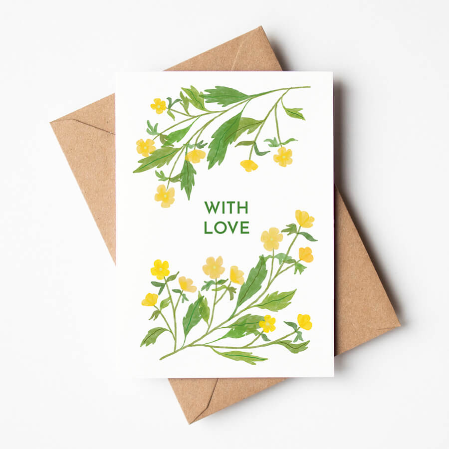 An illustrated floral card with the words 'With Love' written on it. Made with eco-friendly materials