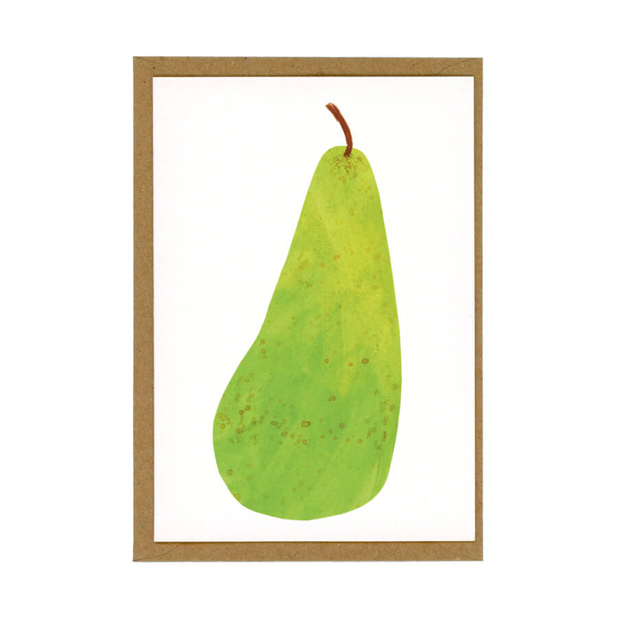 A eco friendly greeting card of a mixed media green conference pear. The card is displayed on top of a brown envelope