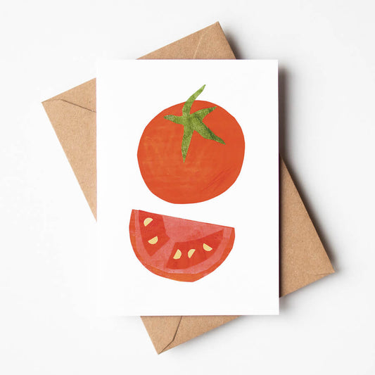 A eco-friendly greeting card featuring a big juicy illustrated tomato