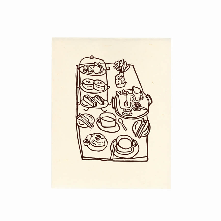 A limited linocut by Bert and Roxy showing a playful line design of Afternoon Tea.