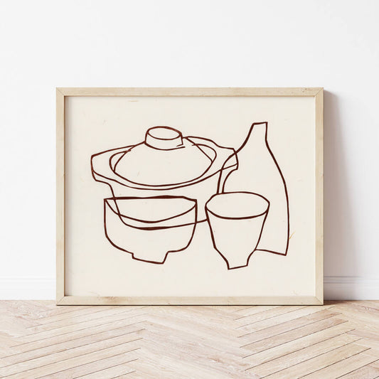 A limited edition eco-friendly linocut featuring minimalistic lines of kitchenware and a clay pot