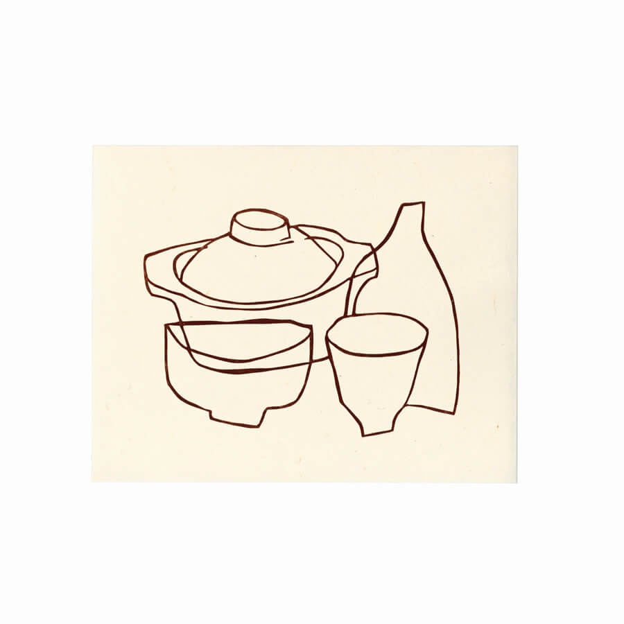 A limited edition linocut made with sustainable materials of a still life with clay pot in a minimalist style