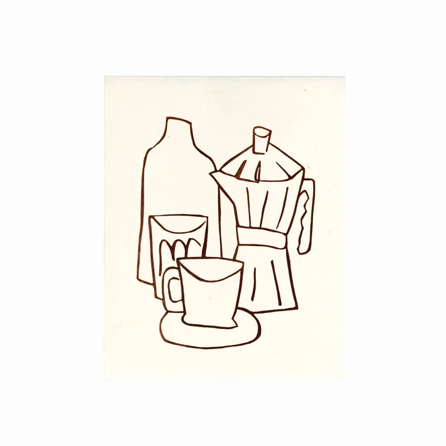 A linocut on a white background featuring a contemporary still life of a moka pot and coffee