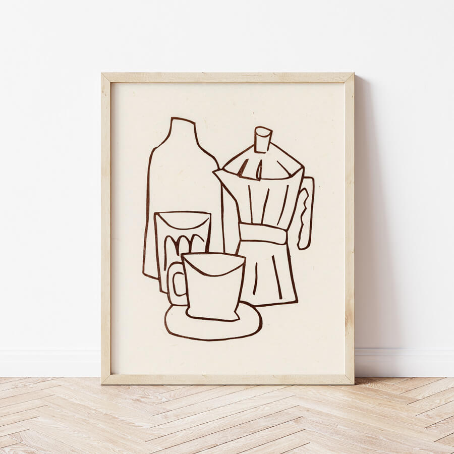 A framed linocut with a minimalist line design of a moka pot and coffee