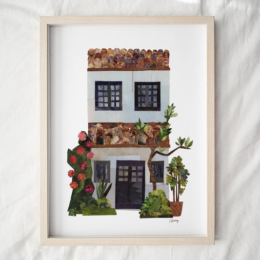 A fine art giclee that is also made from sustainable materials featuring a traditional shophouse found in Malaysia