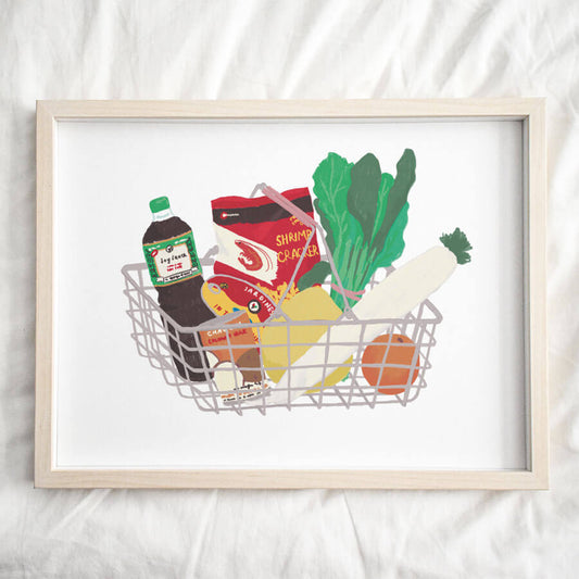 An eco friendly illustrated giclee of a shopping basket filled with asian groceries