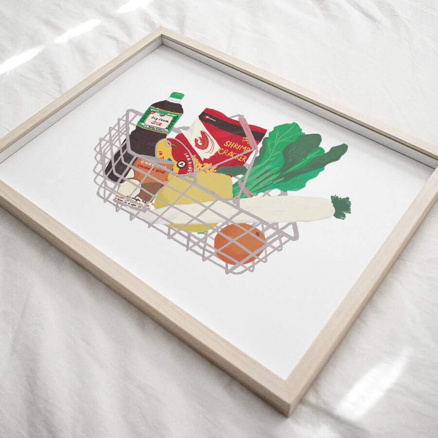 A colourful sustainable giclee of a grocery basket filled with Chinese grocies