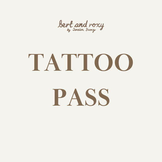A infographic with the words Tattoo Pass and Bert and Roxy on a plain background.