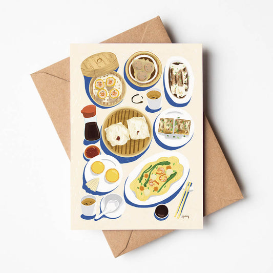 An illustrated greeting card showing a typical Chinese yum cha brunch. Printed on recycled card with a recycled brown envelope