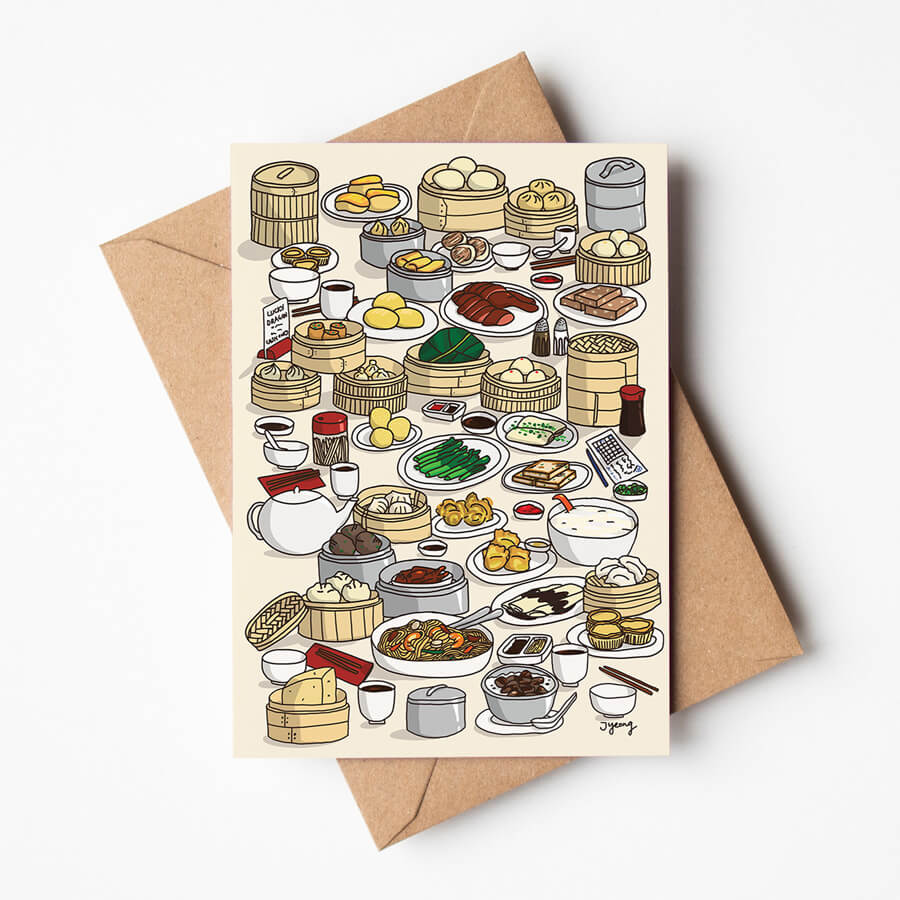 An illustrated eco friendly greeting card featuring a feast of small Chinese dim sum food plates. Printed on recycled card with a recycled brown envelope