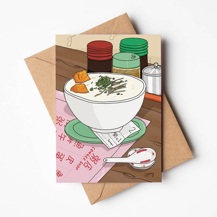 A eco friendly greeting card and recycled envelope featuring a illustrated bowl of congee at the local congee shop in Hong KOng