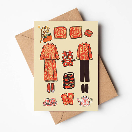 An illustrated greeting card featuring the prosperous and lucky items found in a typical chinese tea ceremony