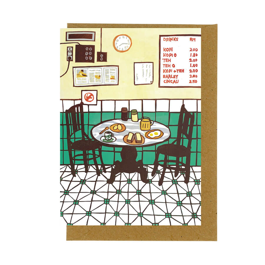 A illustrated eco friendly card of a Malaysian Coffee Shop, or a traditional kopitiam. Printed on recycled paper with a recycled envelope