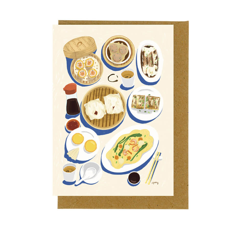 A eco-friendly greeting card made with sustainable paper and recycled envelope featuring yum cha illustration of chinese dim sum