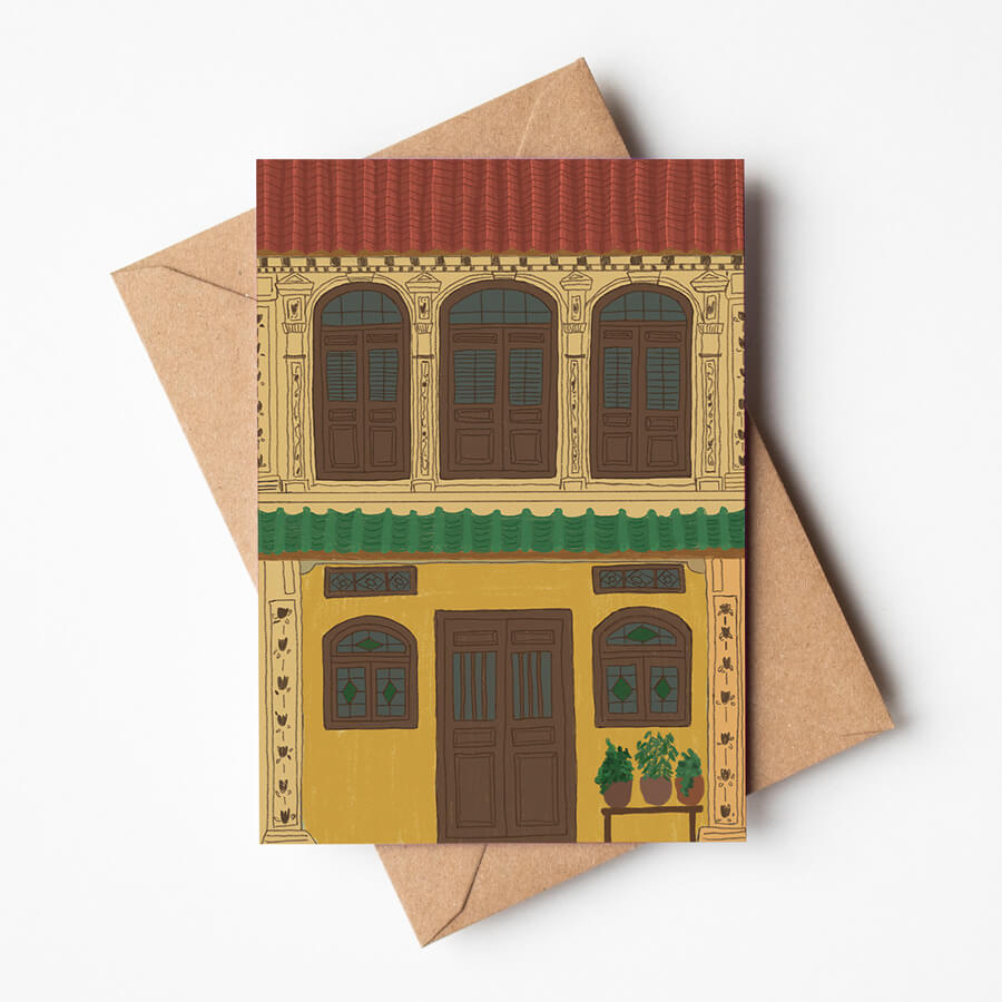 A eco friendly greeting card featuring the shopfront of a yellow heritage shophouse