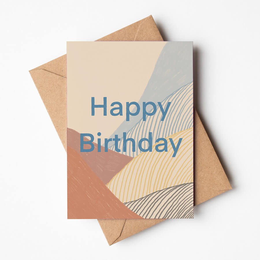 A eco friendly illustrated happy birthday card by Bert and Roxy designed with orange and blue aesthetic earthy colours