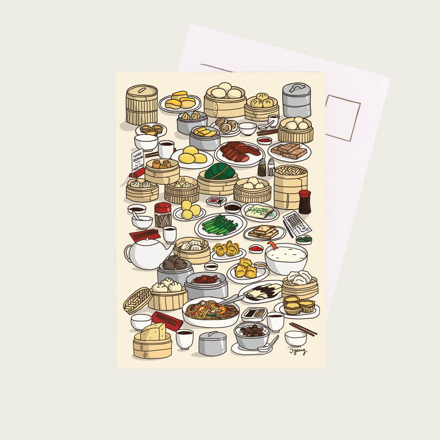 A illustrated art postcard of lots of dim sum dishes, printed on recycled FSC certified paper