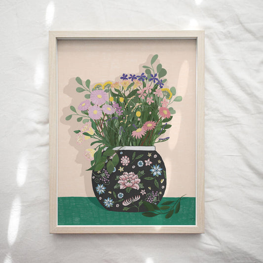 A framed eco friendly fine art giclee of a bouquet of garden flowers in a floral vase