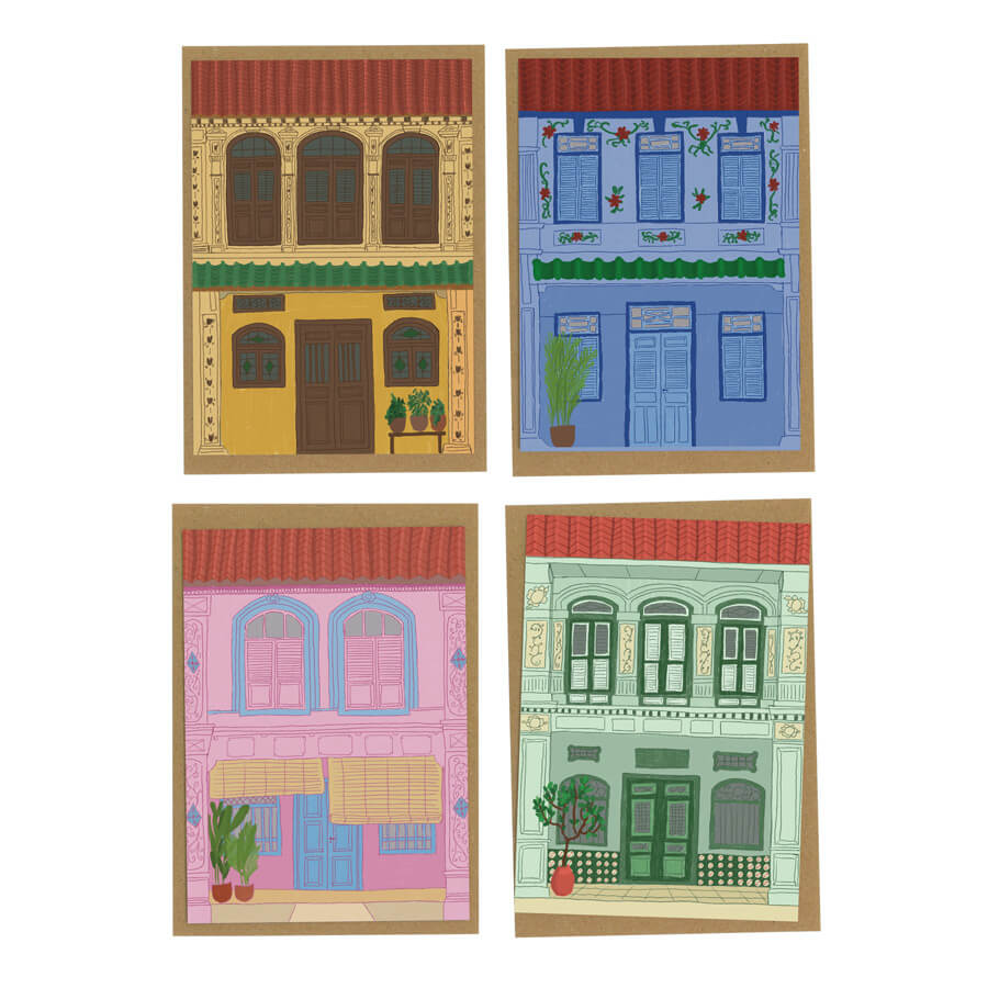 A selection of four different eco friendly greeting cards with illustrated malaysian heritage shophouses in different colour