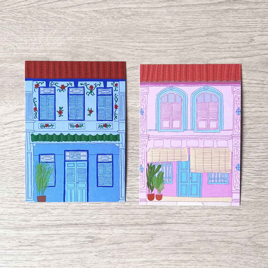 A blue and pink mlayaisan heritage shophouse illustrated postcard