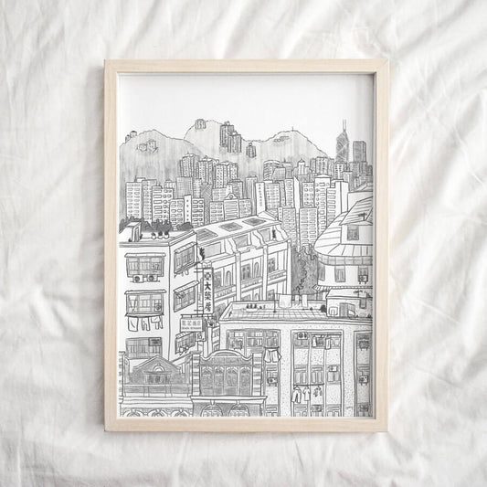 A framed eco friendly giclee print of a stylised neighbourhood in Hong Kong