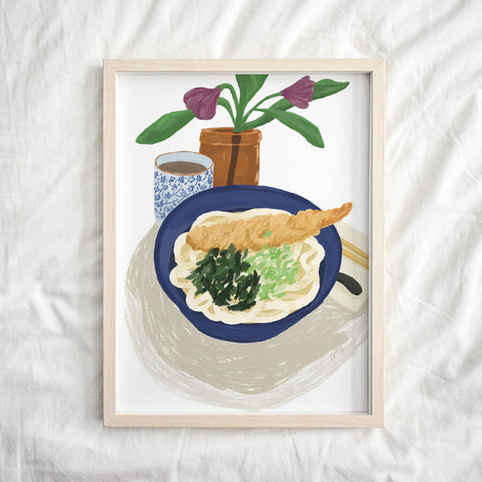 A framed eco friendly giclee of a illustrated nowl of tempura udon noodles by Bert and Roxy