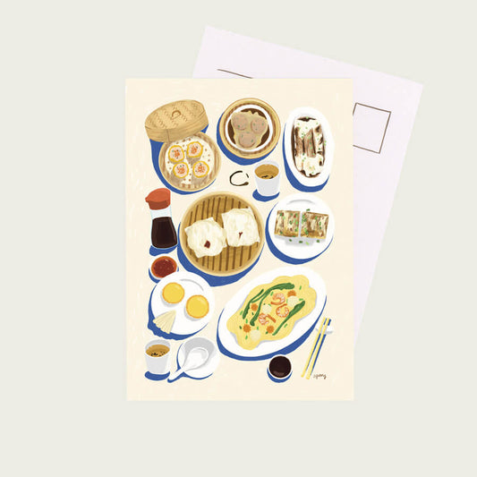 An illustrated postcard by Bert and Roxy featuring lots of yum cha and dim sum dishes. Printed on recycled paper