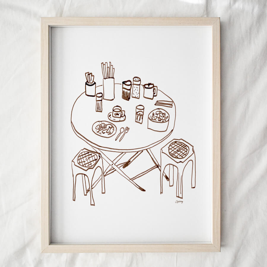 Asian Street Food Meal Giclée - Art Print of Hawker Style Table & Stools
