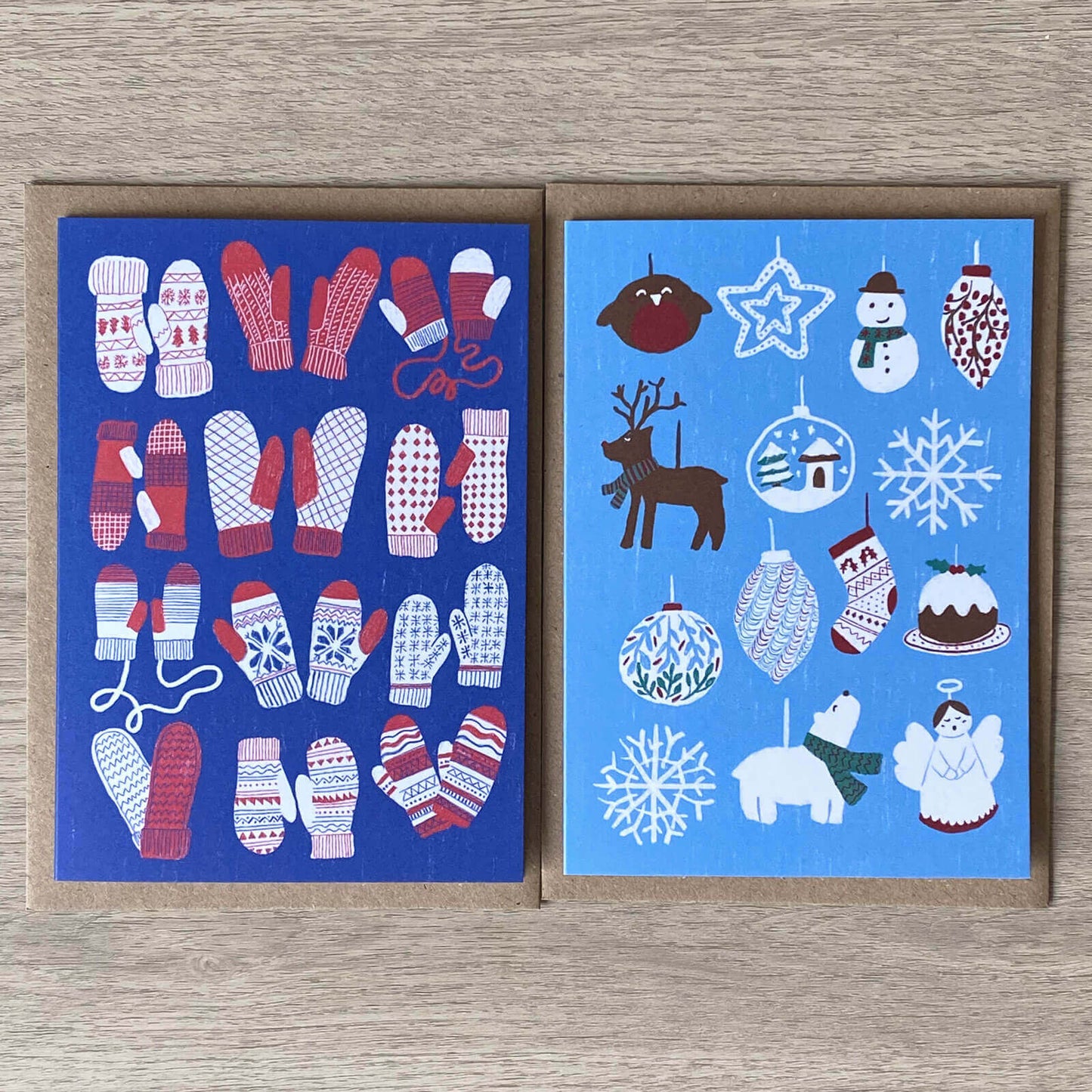 Bert and Roxy's recycled Christmas card pack. Illustrated cards featuring Christmas Baubles and Winter Mittens made from recycled paper with recycled envelope